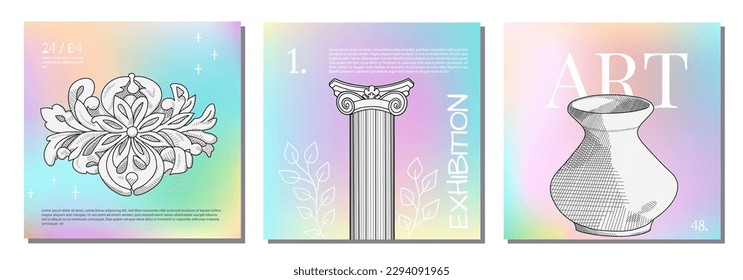 Art of sculpture. Creative square post concept with abstract geometric shapes, gradient and Ancient sculptures. Roman, Greek vector illustration. Art posters for the exhibition, magazine or cover set.