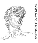 Art  of sculpture objects for the exhibition of classical and contemporary painting, music. Hand illustration, David plaster bust, antique statue. Drawings for poster. Ancient Greece