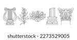 Art  of sculpture objects for the exhibition of classical and contemporary painting, music. Hand illustrations, plaster antique statues, pillar and harp. Drawings for poster. Ancient Greece