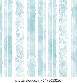  Art sea background with sea creatures, marine rope and blue watercolor stripes. Seamless vector pattern. Perfect for design templates, wallpaper, wrapping, fabric, print and textile. Monochrome.