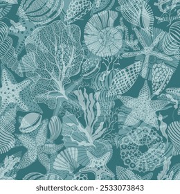  Art sea background with sea creatures. Seamless vector pattern. Perfect for design templates, wallpaper, wrapping, fabric, print and textile. Monochrome.