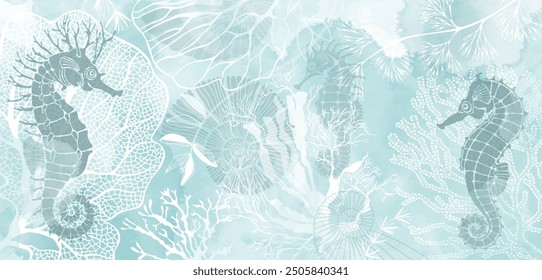 Art sea background with seahorse, nautiluses, corals and underwater plants. Vector. Luxury design with sea creatures and  watercolor splash. Template design for text, packaging, prints, layout.