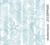 Art sea background. Seamless pattern with sea creatures on waves background.  Vector. Perfect for design templates, wallpaper, wrapping, fabric, print and textile.