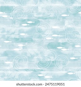 Art sea background. Seamless pattern with waves and fish on a blue watercolor background. Hand drawn vector illustration.  Perfect for design templates, wallpaper, wrapping, fabric, print and textile.