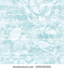 Art sea background. Seamless pattern with sea creatures on a blue watercolor background. Vector. Perfect for design templates, wallpaper, wrapping, fabric, print and textile.