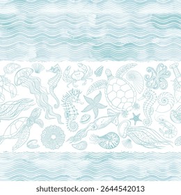 Art sea background. Seamless pattern with sea creatures on blue watercolor and white background. Vector. Perfect for design templates, wallpaper, wrapping, fabric, print and textile.