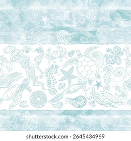 Art sea background. Seamless pattern with sea creatures on blue watercolor and white background. Vector. Perfect for design templates, wallpaper, wrapping, fabric, print and textile.