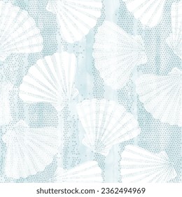 Art sea background. Seamless vector pattern with  seashells on blue watercolor. Perfect for wallpaper, wrapping, fabric and textile. 