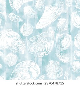 Art sea background. Seamless vector pattern with unique hand drawn seashells on blue watercolor. Perfect for wallpaper, wrapping, fabric and textile. 