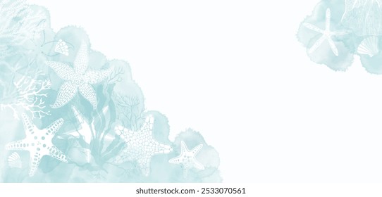 Art sea background with starfish, underwater plants and blue watercolor splashes. Vector. Luxury design. Template design for text, packaging, prints, layout decorative greeting card or invitation.