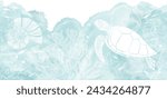Art sea background vector. Luxury design with turtle, underwater plants, shells, starfish, corals, sea creatures and  watercolor splash. Template design for text, packaging and prints.