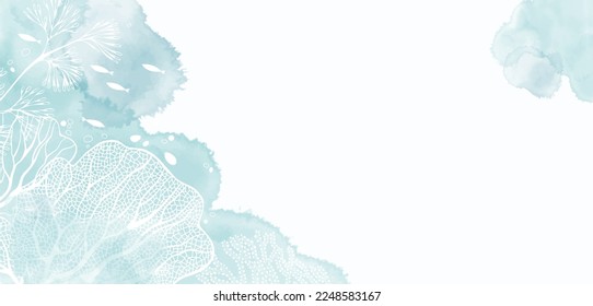 Art sea background vector. Luxury design with underwater plants and  watercolor splash. Template design for text, packaging and prints.