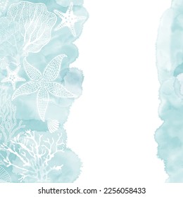 Art sea background. Vector. Luxury design with underwater plants,starfish, watercolor splash and place for text. Template design for text, packaging and prints.