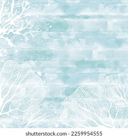 Art sea background. Vector. Luxury design with marine plants and place for text on a blue watercolor background. Template design for text, packaging and prints.