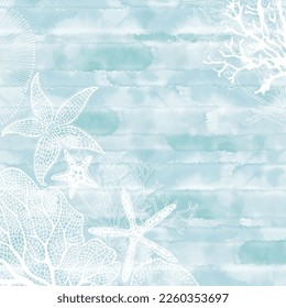 Art sea background. Vector. Luxury design with starfish,  underwater plants and place for text on a blue watercolor background. Template design for text, packaging and prints.