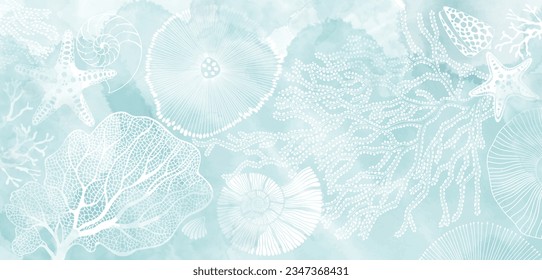 Art sea background vector. Luxury design with underwater plants, shells, starfish, corals, sea creatures and  watercolor splash. Template design for text, packaging and prints.
