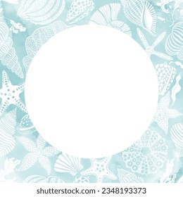 Art sea background vector. Luxury design with underwater plants, shells, starfish, corals, sea creatures and place for text on blue watercolor background. Template design for text, packaging and print
