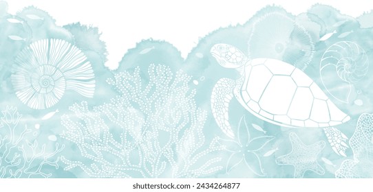 Art sea background vector. Luxury design with turtle, underwater plants, shells, starfish, corals, sea creatures and  watercolor splash. Template design for text, packaging and prints.