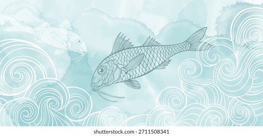 Vector de fondo de mar de arte. Diseño de lujo con salmonetes rojos, olas y salpicaduras de acuarela. Diseño de Plantilla para texto, embalaje, impresiones, diseño de tarjeta de felicitación decorativa o fondo de diseño de invitación. 