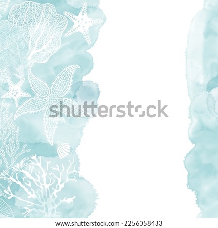 Art sea background. Vector. Luxury design with underwater plants,starfish, watercolor splash and place for text. Template design for text, packaging and prints.
