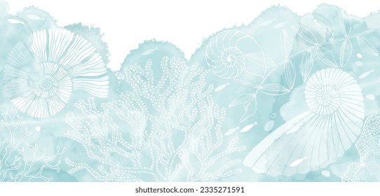 Art sea background. Vector. Pre-made design with underwater plants, corals, seashells, watercolor splash and place for text. Template design for text, packaging and prints.