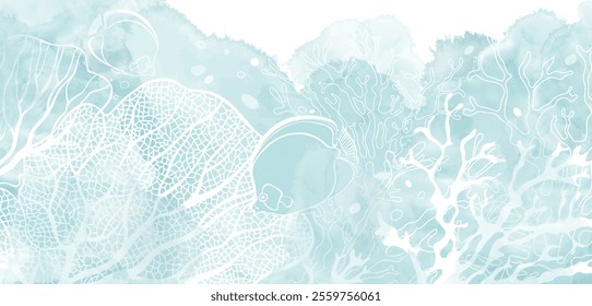 Art sea background. Vector. Pre-made design with fish, underwater plants, corals and watercolor splash. Template design for text, packaging and prints.