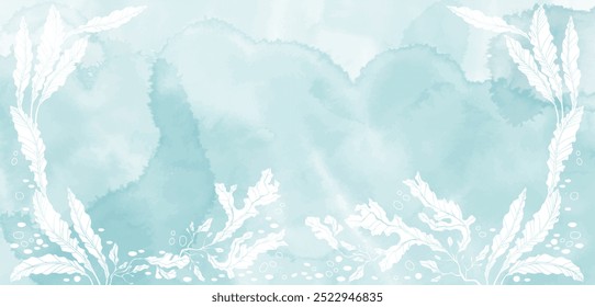 Vector de fondo de mar de arte con espacio para texto. Diseño de lujo con algas y salpicaduras de acuarela. Diseño de Plantilla para texto, embalaje, impresiones, diseño de tarjeta de felicitación decorativa o invitación.