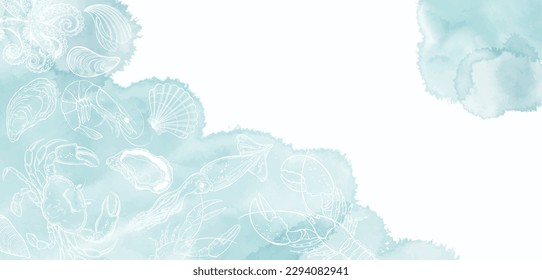 Art sea food vector background. Luxury design with sea food, wave and  watercolor splash. Template design for text, packaging and prints.