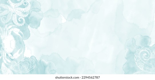 Art sea food vector background. Luxury design with sea food on blue watercolor background. Template design for text, packaging and prints.