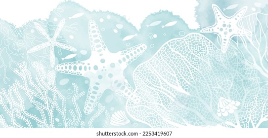 Art sea vector background. Luxury design with starfish, underwater plants and  watercolor splash. Template design for text, packaging and prints.