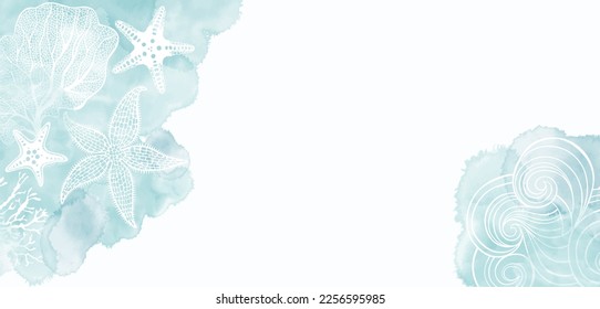 Art sea vector background. Luxury design with starfish, underwater plants, wave and  watercolor splash. Template design for text, packaging and prints.