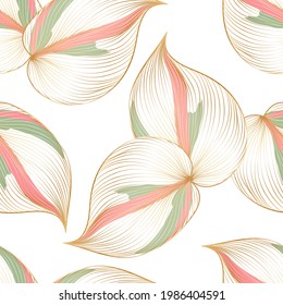 Art seamless floral background with tropic leaves. Romantic drawing print for wall decor, wallpaper. Natural botanical vector pattern with textured leaves of exotic plants