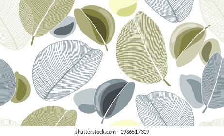 Art seamless floral background with tropic leaves. Romantic drawing print for wall decor, wallpaper. Natural botanical vector pattern with textured leaves of exotic plants