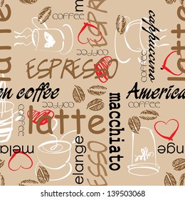 Kunstnahtlose Graffiti-Muster, Kaffeehintergrund in braunen Farben