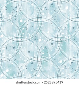 Patrón inconsútil del arte con los círculos abstractos, salpicaduras en el fondo azul de la acuarela. Vector. Diseño único dibujado a mano. Perfecto para Fondo de pantalla, envoltura, tela, estampado y textil. 