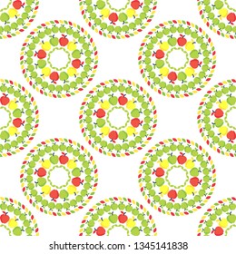 Art seamless pattern. Apples in the summer garden. Polka dots. Color - green, yellow, orange, white. Vector geometric background. Can be used for social media, posters, email, print, ads designs.
