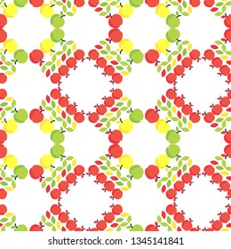 Art seamless pattern. Apples in the summer garden. Color - green, yellow, orange, white. Vector geometric background. Can be used for social media, posters, email, print, ads designs.