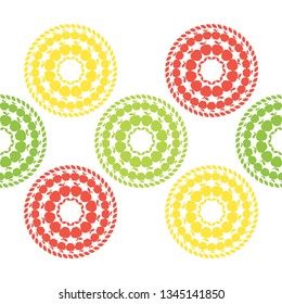 Art seamless pattern. Apples in the summer garden. Polka dots. Color - green, yellow, orange, white. Vector geometric background. Can be used for social media, posters, email, print, ads designs.