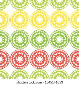 Art seamless pattern. Apples in the summer garden. Polka dots. Color - green, yellow, orange, white. Vector geometric background. Can be used for social media, posters, email, print, ads designs.