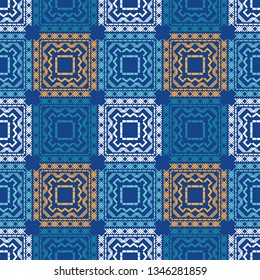 Art seamless pattern. Color - blue, beige, white. Ethnic print. Boho. Traditional ornament. Folk motif. Can be used for social media, posters, email, print, ads designs.