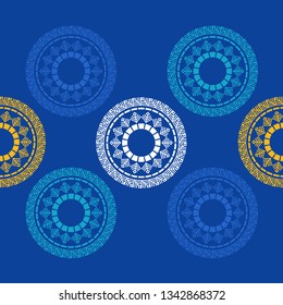 Art seamless pattern. Decorative flowers. Polka dots.Color - blue, yellow, white. Ethnic print. Boho. Traditional ornament. Folk motif. Can be used for social media, posters, email, print.