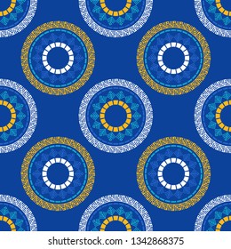 Art seamless pattern. Decorative flowers. Polka dots.Color - blue, yellow, white. Ethnic print. Boho. Traditional ornament. Folk motif. Can be used for social media, posters, email, print.
