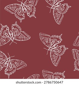 art seamless pattern drawing style vector in lines of white butterfly with marsala color background