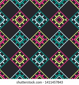 Art seamless pattern. Ethnic figures. Multicolored. Simple design. Vector geometric background. Can be used for social media, posters, email, print, ads designs.