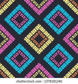 Art seamless pattern. Ethnic print. Multicolored. Boho. Traditional ornament. Folk motif. Vector geometric background. Can be used for social media, posters, email, print, ads designs.