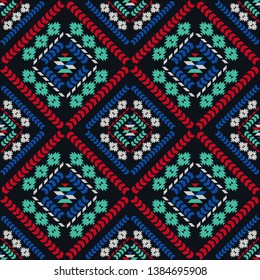 Art seamless pattern. Ethnic print. Multicolored. Boho. Traditional ornament. Folk motif. Vector geometric background. Can be used for social media, posters, email, print, ads designs.