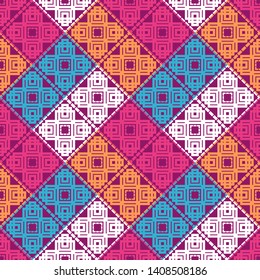 Art seamless pattern. Ethnic print. Multicolored. Boho. Traditional ornament. Folk motif. Vector geometric background. Can be used for social media, posters, email, print, ads designs.