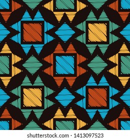 Art seamless pattern. Ethnic print. Multicolored. Boho. Traditional ornament. Folk motif. Vector geometric background. Can be used for social media, posters, email, print, ads designs.