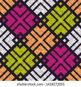 Diseño sin fisuras. Impresión étnica. Multicolorizado. Boho. La decoración tradicional. Motivo popular. Fondo geométrico vectorial. Puede ser usado para medios sociales, afiches, correo electrónico, impresión, diseños de anuncios.