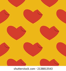 Art seamless pattern in the form of a red heart with a curved corner on color background. Romance graphic texture. Holiday celebration concept. Decorative print. Geometric bright wallpaper. Vector.
